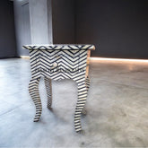 Bone Inlay Chevron Design 1 Drawer Long Curved Leg Bedside Table Black